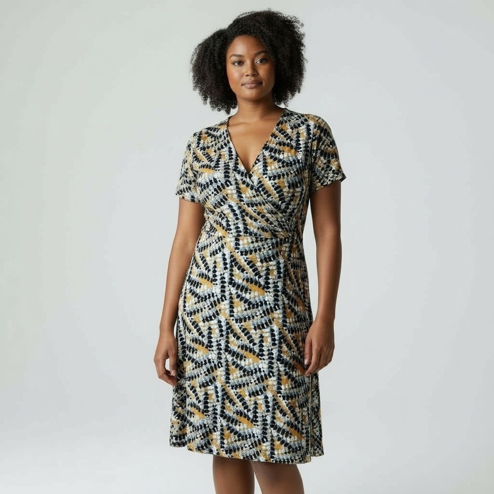 Nine West Wrap Faux Dress Womens XXL Geometric Print Short Sleeve V Neck Stretch